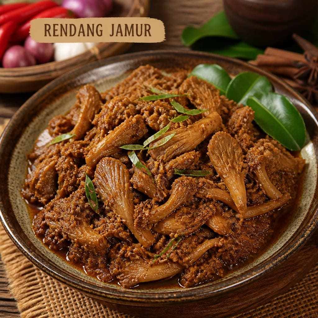 Rendang Jamur Te Sate dengan bumbu rempah gurih dan tekstur jamur lembut